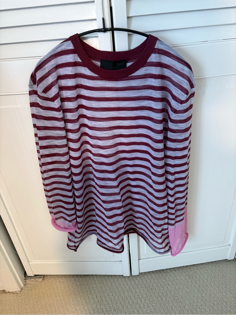 Striped Long Sleeve Knit Top in Burgundy and Light Pink